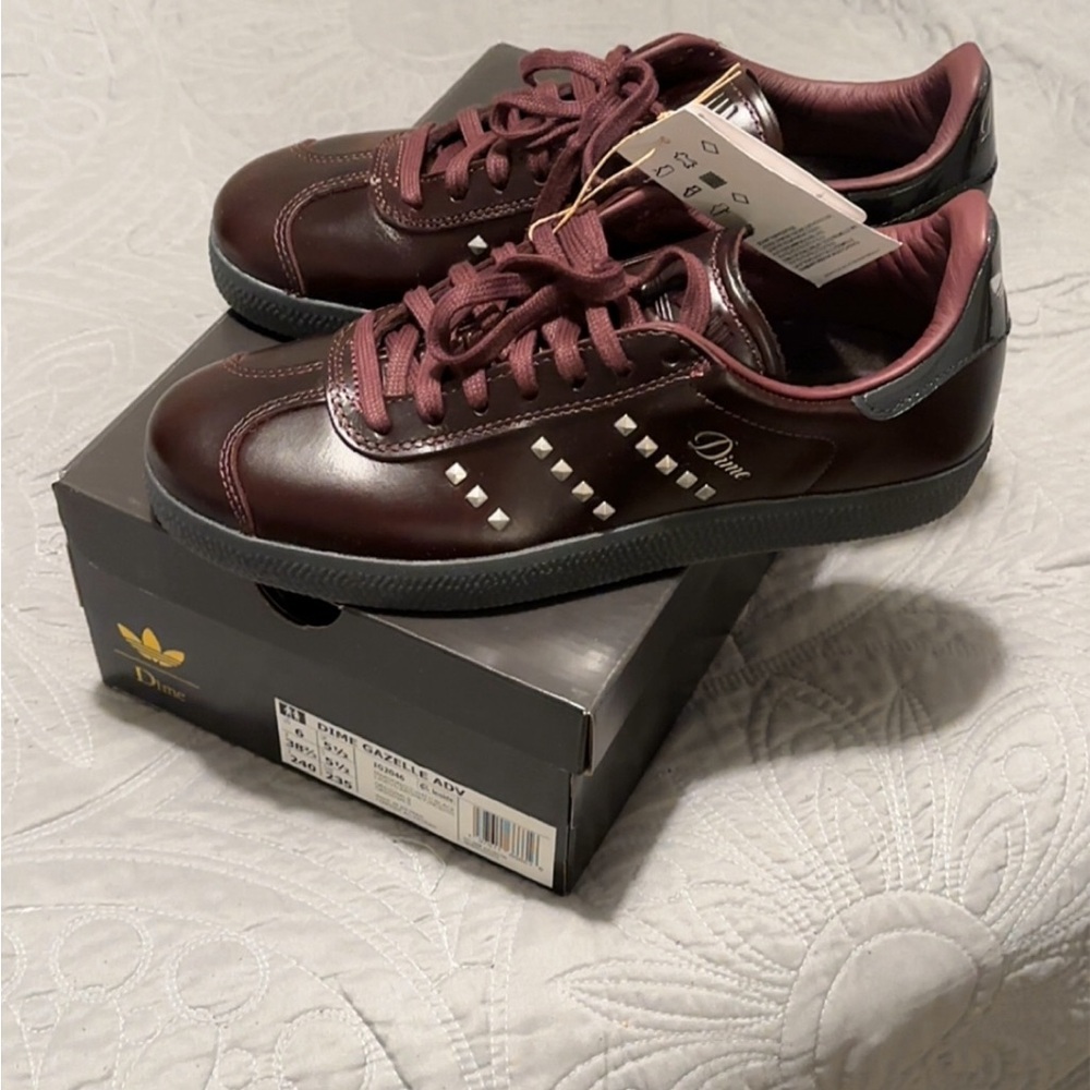 DIME x Adidas Maroon Leather Sneakers with Metallic Studs